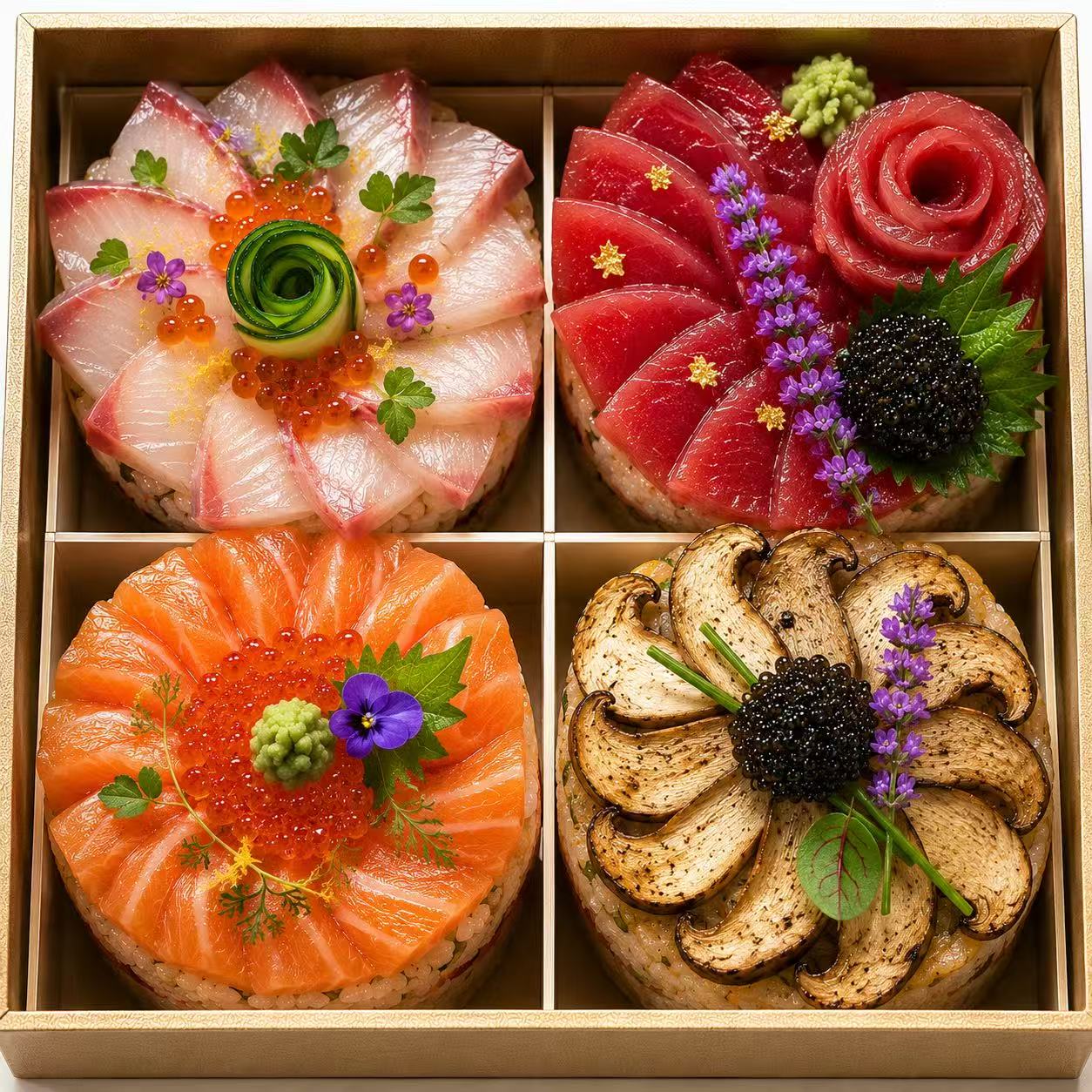 EZ Hibachi premium sushi bento — hamachi sashimi flower, tuna rose with caviar, salmon ikura blossom, king oyster mushroom petals