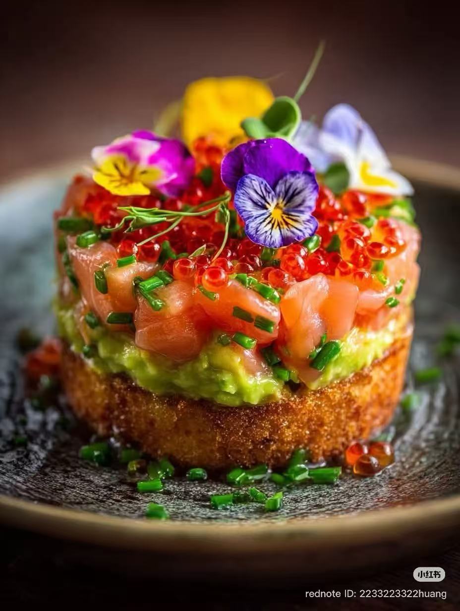 EZ Hibachi signature salmon avocado tartare — chef's plating with micro-greens and citrus accents